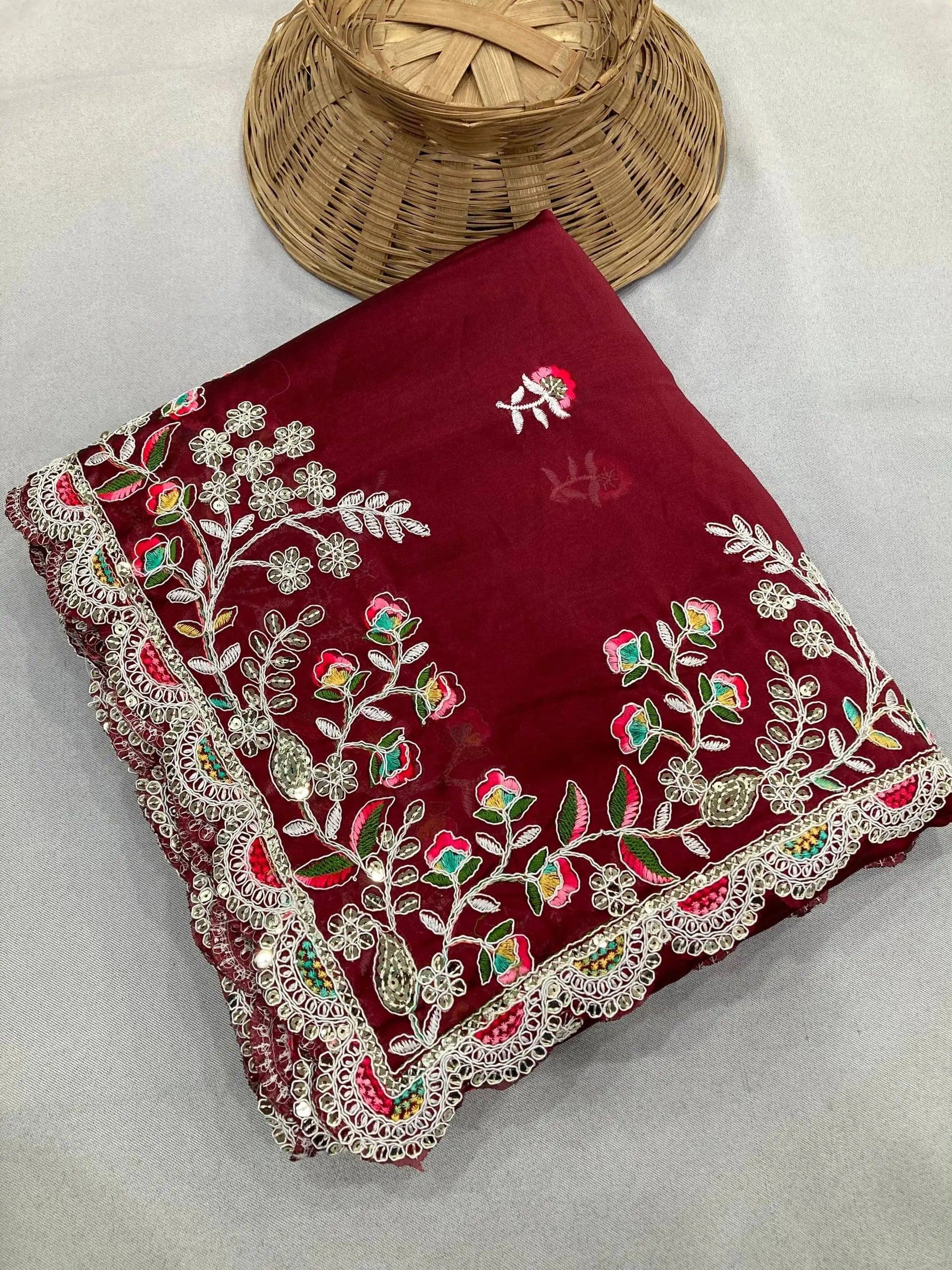 Maroon Embroidery Sequins Work Rangoli Silk Saree - kalyanja